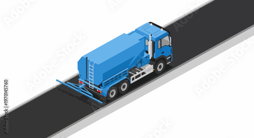 Isometric Blue Asphalt Distributor Truck Spraying Bitumen on Road Construction Site
