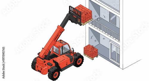 Isometric Illustration of an Orange Telehandler Lifting a Pallet of Bricks to a Building Balcony on a Construction Site