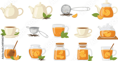 Teapot and Tea Cup Icon Set Featuring Herbal Infusions with Lemon Slices Mint Leaves and Strainers for Cafe Menus and Healthy Lifestyle Designs