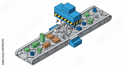 Isometric Industrial Conveyor Belt with Crushing Machine Shredding Geometric Shapes, Concept of Recycling and Manufacturing Process