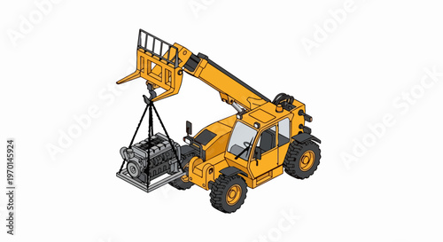 Yellow Telehandler Lifting Heavy Diesel Engine Illustration - Isometric Construction Machinery on White Background