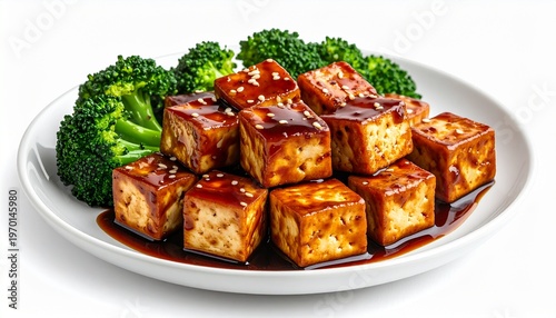 sweet sticky glazed fried tofu cubes with sesame seeds isolated