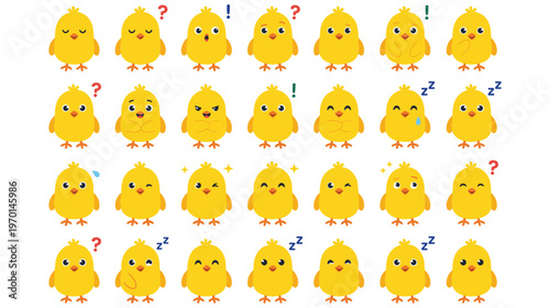 Cute cartoon yellow baby chickens with different emotions set for easter.