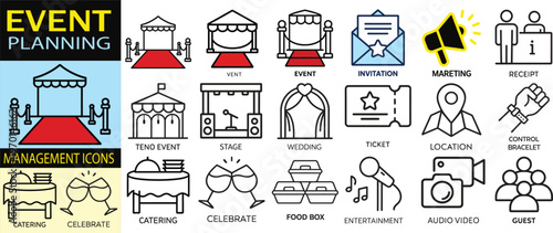 Event Planning Management Icons Set – 20 Line Icons for Event, Wedding, Party & Corporate Planning (Editable Stroke)