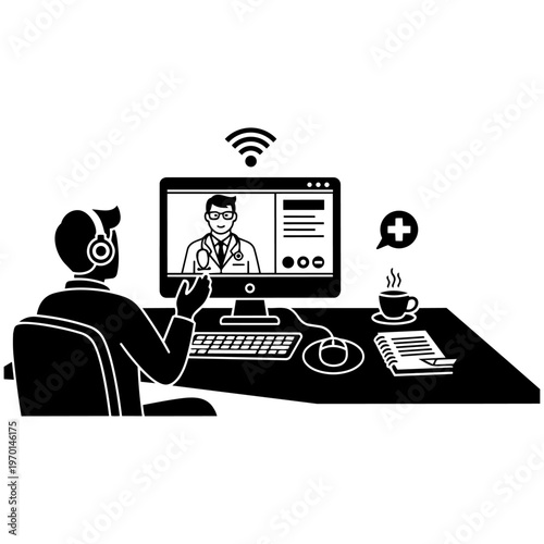 A man video conferencing on his computer isolated on transparent background, Vector