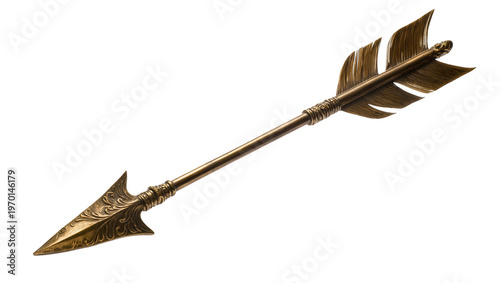 Fotografie Ornate antique bronze spearhead, detailed shaft with feathered fletching
