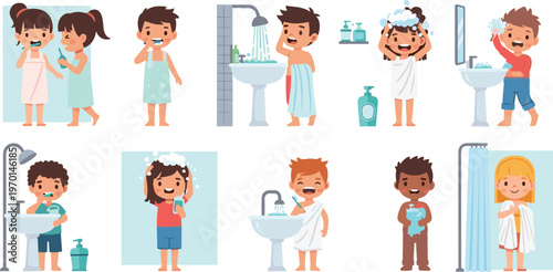 Kids Daily Hygiene Routine Character Set Featuring Cute Children Brushing Teeth Washing Hair Showering and Bathroom Activities for Educational Health Guides