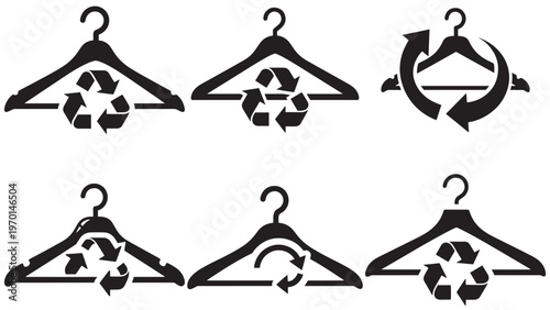 Minimalist black vector icons of clothing hangers with integrated recycling arrows, symbolizing sustainable fashion, reuse, and eco-friendly garment practices.