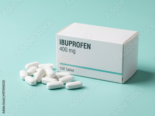 Fotografie Ibuprofen 400mg Pain Relief Tablets and White Medicine Box