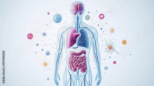 Medical infographic illustration of a transparent human body silhouette showing all organs affected by systemic lupus erythematosus, heart lungs kidneys brain skin and joints highlighted 