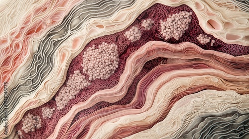 Illustration of human skin layers in lupus, showing immune cell infiltration at dermal-epidermal junction, mast cells and lymphocytes migrating through tissue, collagen fibers disrupted