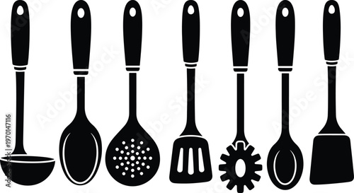 Kitchen utensils silhouette set featuring spoon ladle spatula skimmer pasta server and cooking tools black icon collection