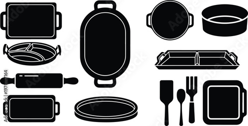 Bakeware and kitchenware silhouette collection featuring trays pans rolling pin baking dishes and cooking tools black icon set