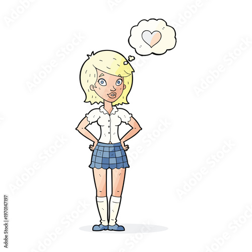 Cartoon illustration of a blonde girl in a school uniform with a heart in a thought bubble above her head.