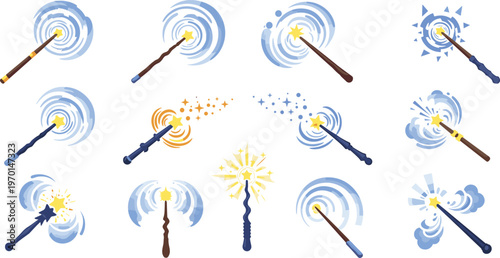 Magic Wand Icon Set with Blue Energy Swirls and Glowing Stars Featuring Fantasy Wizard Sticks for Game Design and Enchanted Spell Effects
