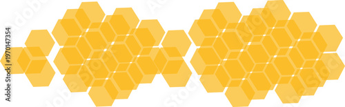 Translucent yellow geometric honeycomb cells arranged in two abstract clusters. Modern beehive motifs for branding and digital design.