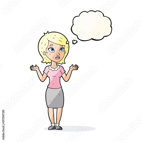 Cartoon illustration of a confused blonde woman shrugging her shoulders with a thought bubble.