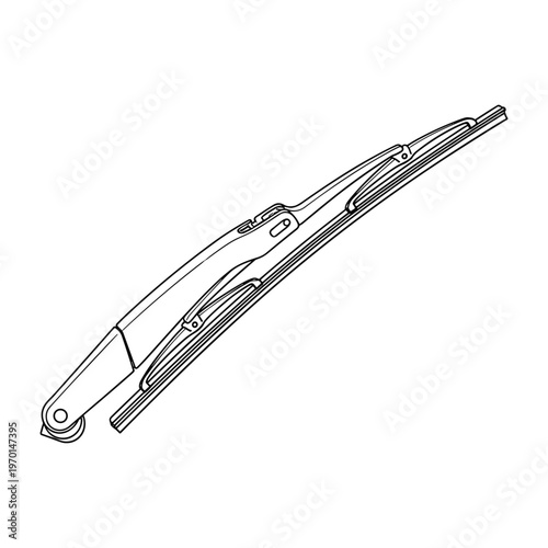 Detailed line drawing of a vehicle windshield wiper blade and arm assembly on a white background.