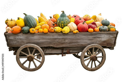 Rustic Wooden Cart Filled with Assorted Heirloom Pumpkins and Gourds for Autumn Harvest