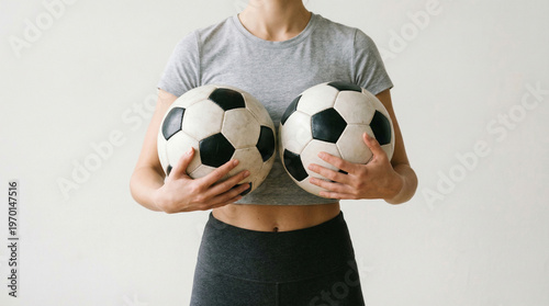 Minimalist close-up of a young woman's torso holding two classic black and white soccer balls over her chest, creative sports concept for fitness and female empowerment on a light background