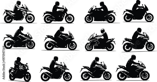 Vector illustration of twelve motorcycle rider silhouettes in different styles including sport bikes, cruisers, touring positions, black artwork design concept