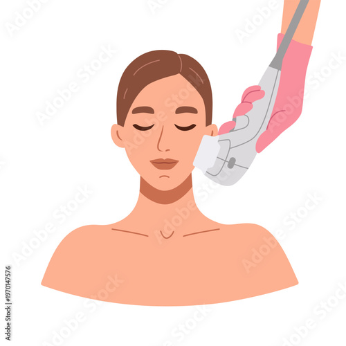 Vector flat woman on the HIFU procedure. SMAS ultrasound face lifting. Professional medical skin lift for anti aging effect. Girl patient and cosmetologist with device for facelift. Cosmetic beauty