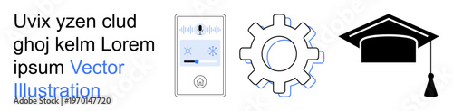 Technology, education, innovation, development, learning tools, automation. a digital device, gear symbol and a graduation cap. Technology and education concept tools and learning