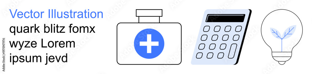 Obraz premium Healthcare, innovation, financial planning, medical services, creativity, ideas. A medical box, calculator and lightbulb icon. Healthcare and innovation concepts with modern symbols