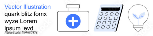 Healthcare, innovation, financial planning, medical services, creativity, ideas. A medical box, calculator and lightbulb icon. Healthcare and innovation concepts with modern symbols