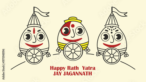 “Happy Rath Yatra Illustration of Lord Jagannath, Balabhadra and Subhadra on Chariot – Indian Festival Vector Art”