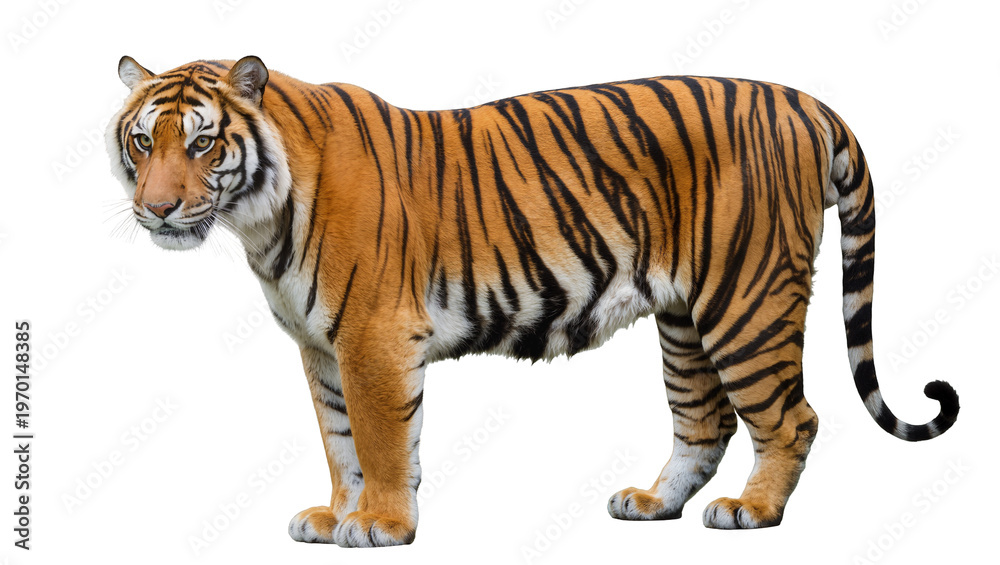 Fototapeta premium Orange striped tiger standing, gazing forward with intense yellow eyes
