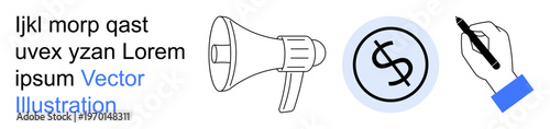 Advertising, branding, communication, marketing tools, financial planning, content creation. Image of a megaphone, dollar symbol and hand with pen. Advertising and branding concept
