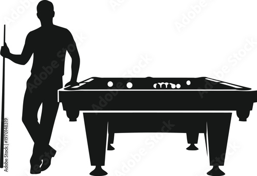 Silhouette of a man holding a pool cue and leaning against a billiard table on white background.