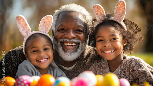 Happy grandfather and two grandchildren wearing bunny ears together during colorful Easter egg hunt in park.