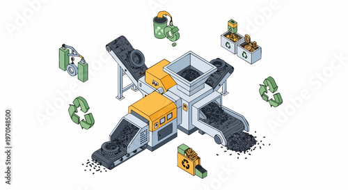 Isometric Illustration of an Industrial Tire Recycling Machine and Rubber Processing Plant for Sustainable Waste Management