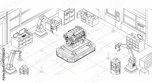 Isometric Line Art of an Automated Smart Factory Floor with Robotic Arms Assembling a Car Engine; Industrial Manufacturing and Automation Concept Illustration