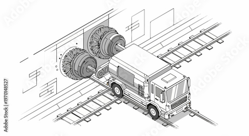 Isometric Line Art of a Tunnel Cleaning Truck Maintenance Vehicle on Railway Tracks