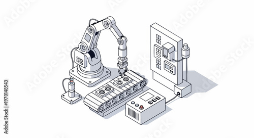 Isometric Automation Factory Line Art Illustration with Robotic Arm, Conveyor Belt, and Industrial Control Panel for Smart Manufacturing and Technology Concepts
