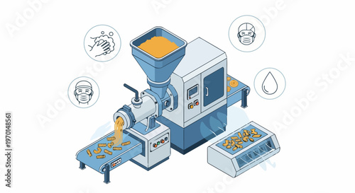 Automated Pasta Production Line Isometric Illustration: Industrial Food Manufacturing Process with Hygiene and Safety Icons