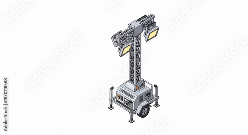 Isometric Mobile Light Tower with Portable Generator and Floodlights for Construction and Emergency Site Lighting