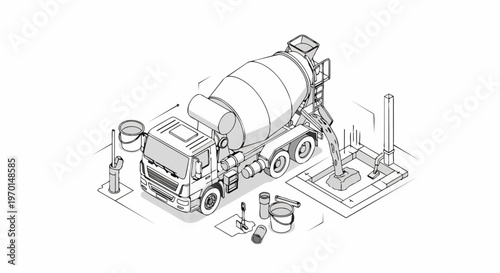Isometric Line Art Illustration of a Concrete Mixer Truck Pouring Cement into a Building Foundation