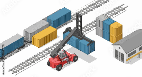 Isometric Logistics Terminal with Reach Stacker Loading Shipping Containers on Freight Train Tracks, Supply Chain and Global Trade Concept