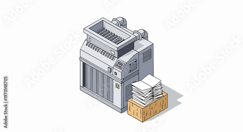 Industrial Paper Shredder and Recycling Machine Isometric Illustration for Data Security and Waste Management
