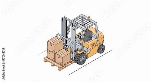 Isometric Yellow Forklift Lifting Cardboard Boxes on a Pallet, Warehouse Logistics and Supply Chain Vector Illustration