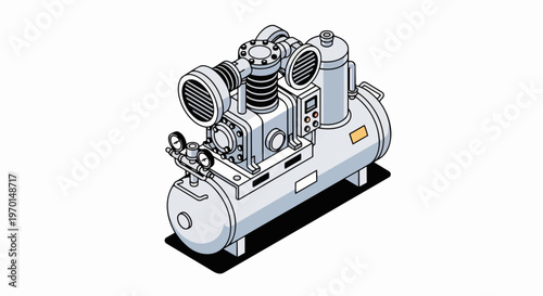 Isometric Industrial Air Compressor Machine with Pressure Tank and Gauges, 3D Technical Illustration of Pneumatic Equipment for Workshops and Manufacturing