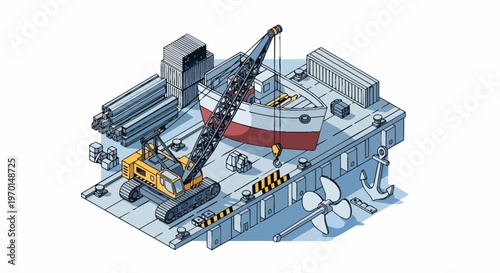 Isometric Shipyard Illustration with Crane Lifting Boat for Maintenance and Logistics