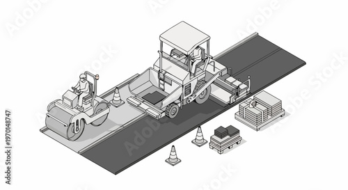 Isometric Black and White Illustration of Road Paving Process with Asphalt Paver and Road Roller Machinery