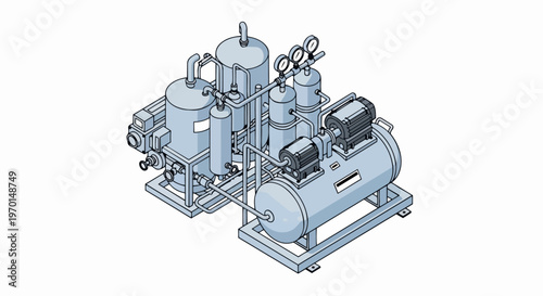 Isometric Industrial Machinery Illustration - 3D Mechanical Compressor System with Tanks, Gauges, and Pipes for Engineering and Technical Documentation