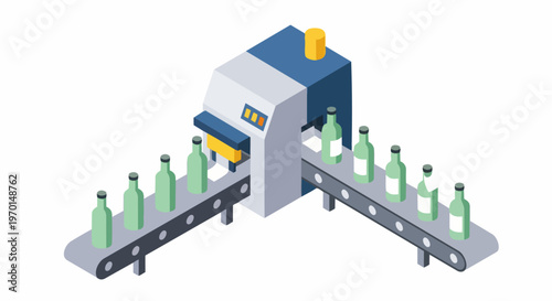 Isometric Automated Conveyor Belt Bottling Line Illustration for Industrial Beverage Production and Factory Automation Concepts