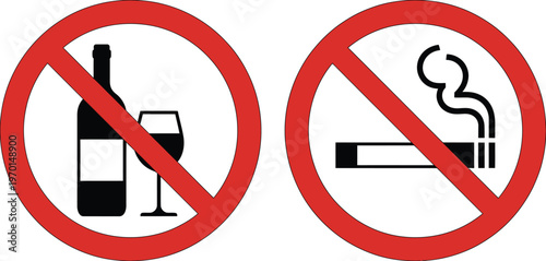 No alcohol no smoking prohibition signs health safety rules restricted behavior flat vector illustration design